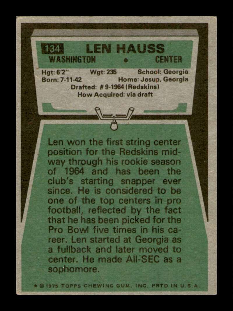 Load image into Gallery viewer, 1975 Topps Len Hauss #134 Washington Redskins Image 2
