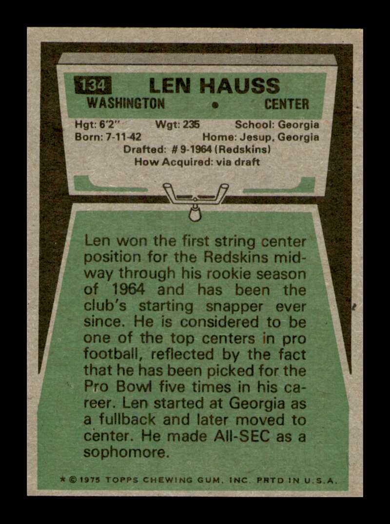 Load image into Gallery viewer, 1975 Topps Len Hauss #134 Washington Redskins Image 2
