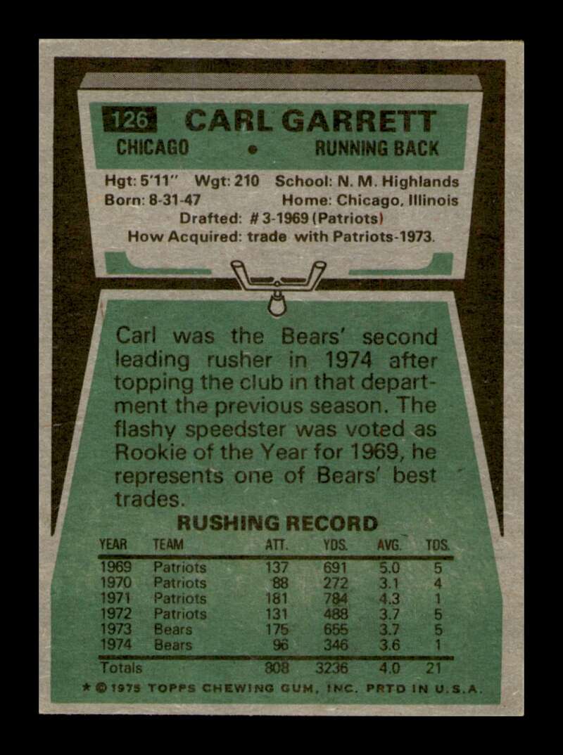 Load image into Gallery viewer, 1975 Topps Carl Garrett #126 Chicago Bears Image 2
