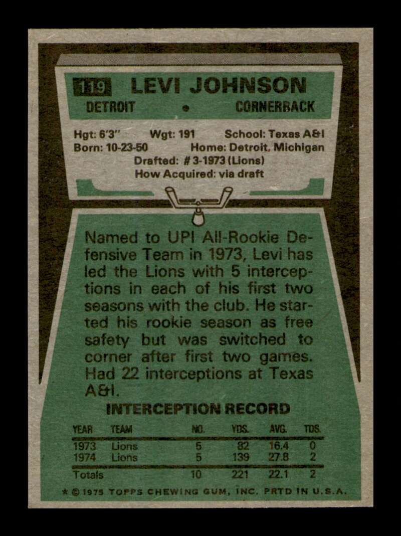 Load image into Gallery viewer, 1975 Topps Levi Johnson #119 Detroit Lions Image 2
