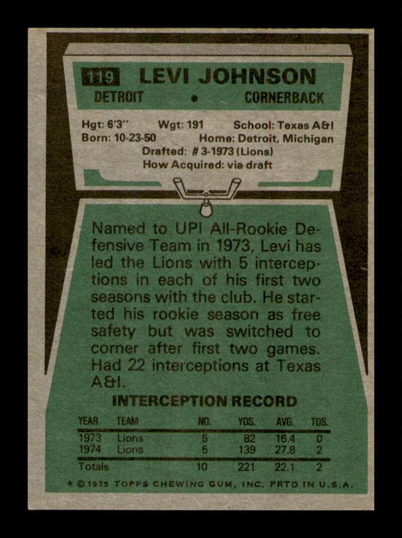 Load image into Gallery viewer, 1975 Topps Levi Johnson #119 Detroit Lions Image 2
