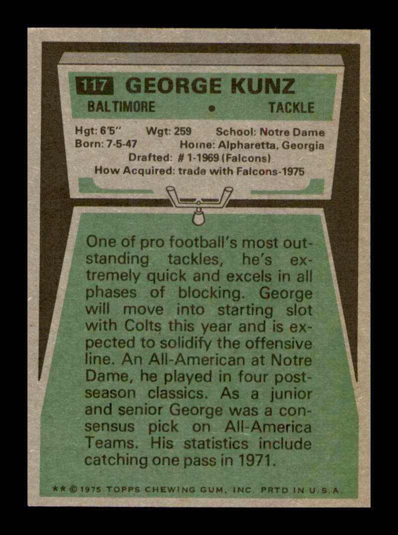 Load image into Gallery viewer, 1975 Topps George Kunz #117 Baltimore Colts Image 2
