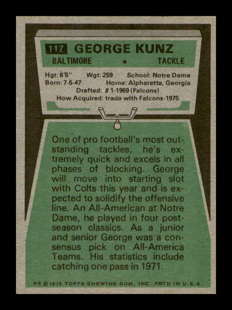 Load image into Gallery viewer, 1975 Topps George Kunz #117 Baltimore Colts Image 2
