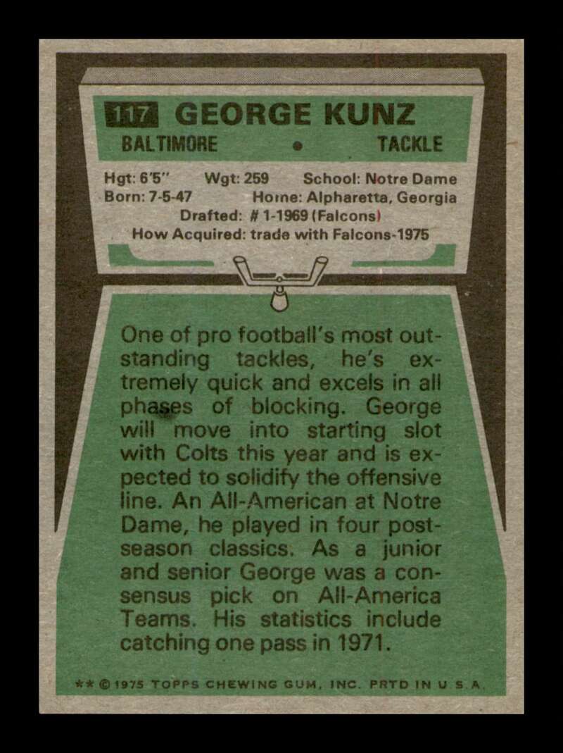 Load image into Gallery viewer, 1975 Topps George Kunz #117 Baltimore Colts Image 2
