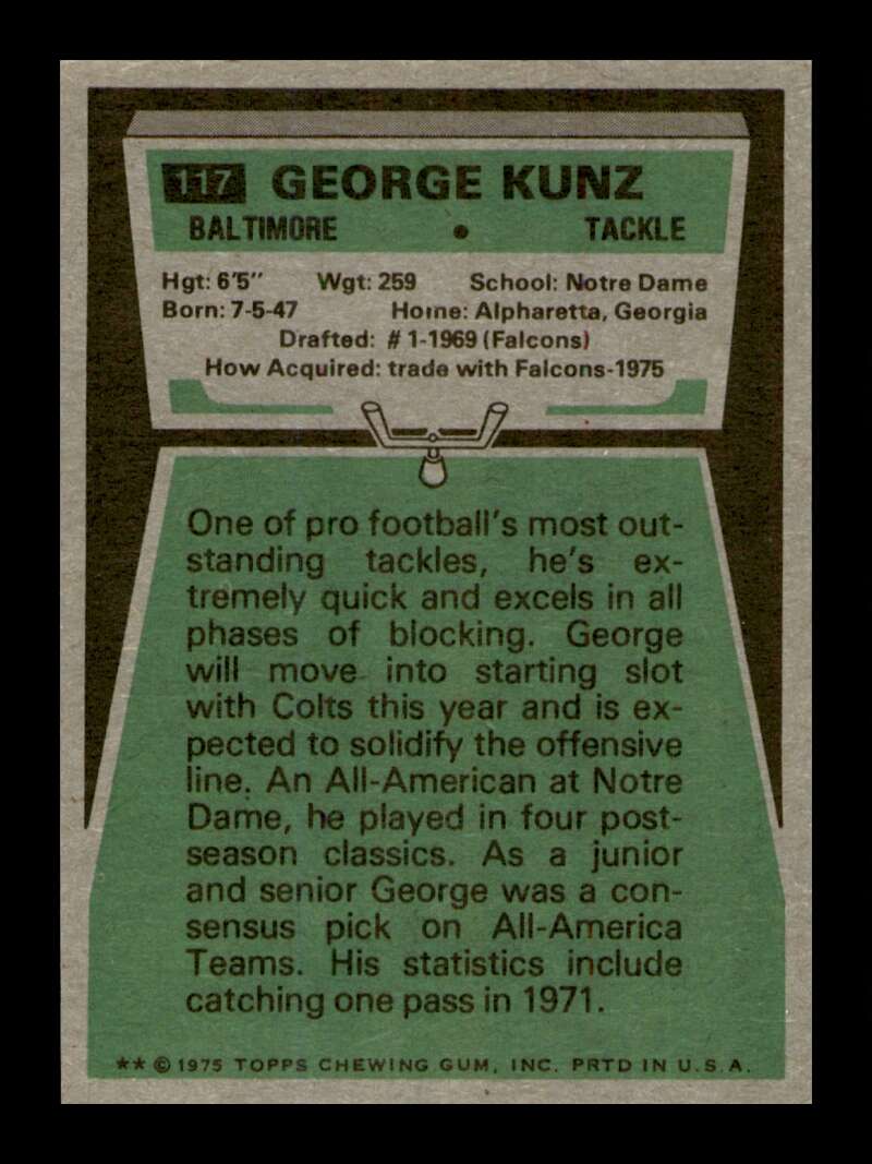 Load image into Gallery viewer, 1975 Topps George Kunz #117 Baltimore Colts Image 2
