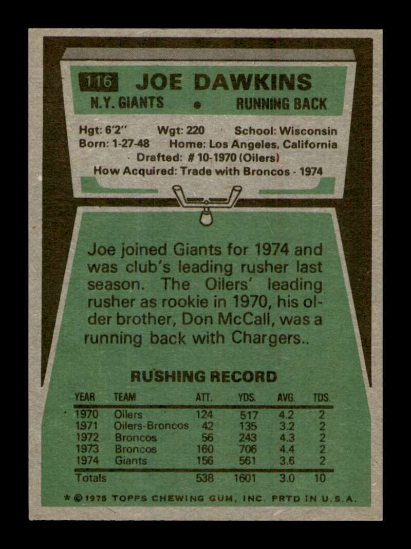 Load image into Gallery viewer, 1975 Topps Joe Dawkins #116 New York Giants Image 2
