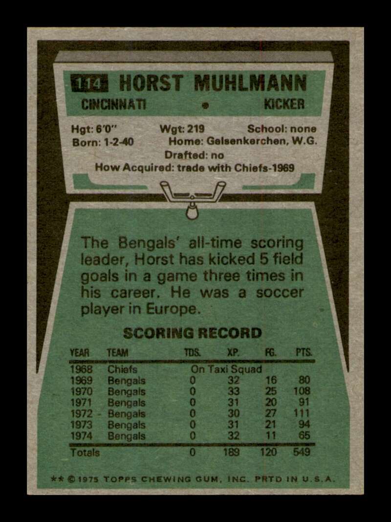 Load image into Gallery viewer, 1975 Topps Horst Muhlmann #114 Cincinnati Bengals Image 2
