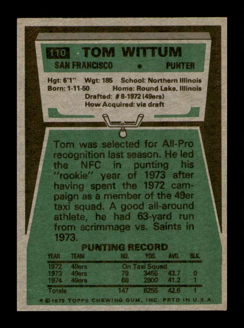 Load image into Gallery viewer, 1975 Topps Tom Wittum #110 Rookie RC San Francisco 49ers Image 2
