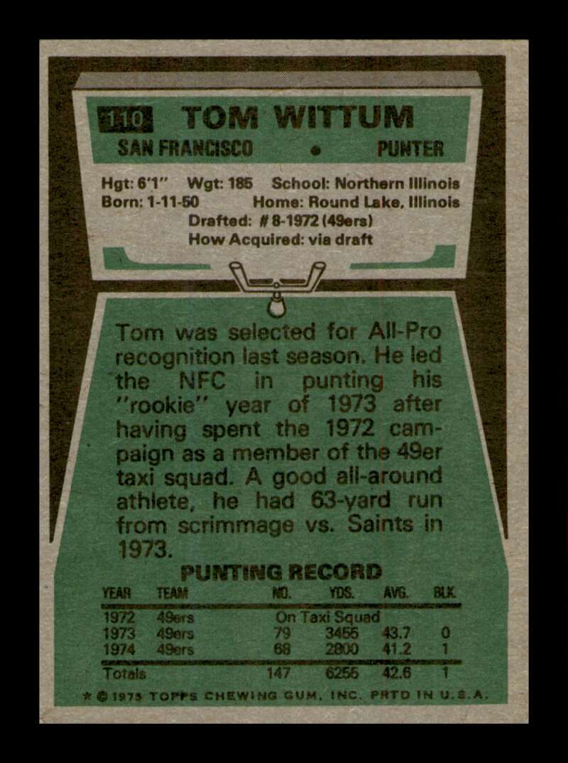 Load image into Gallery viewer, 1975 Topps Tom Wittum #110 Rookie RC San Francisco 49ers Image 2
