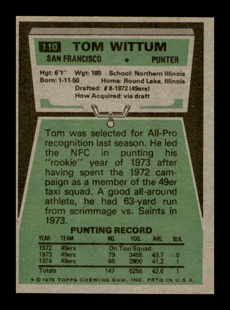 Load image into Gallery viewer, 1975 Topps Tom Wittum #110 Rookie RC San Francisco 49ers Image 2
