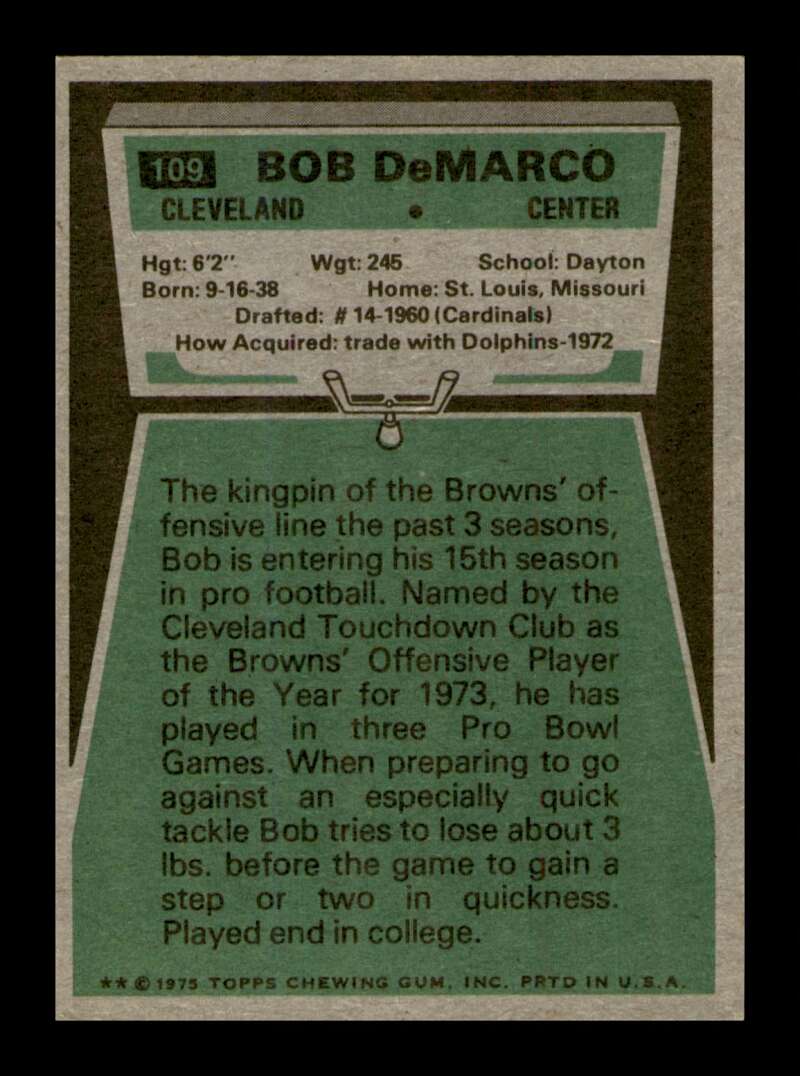 Load image into Gallery viewer, 1975 Topps Bob Demarco #109 Cleveland Browns Image 2
