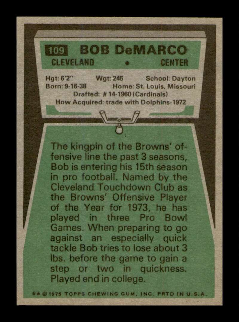 Load image into Gallery viewer, 1975 Topps Bob Demarco #109 Cleveland Browns Image 2
