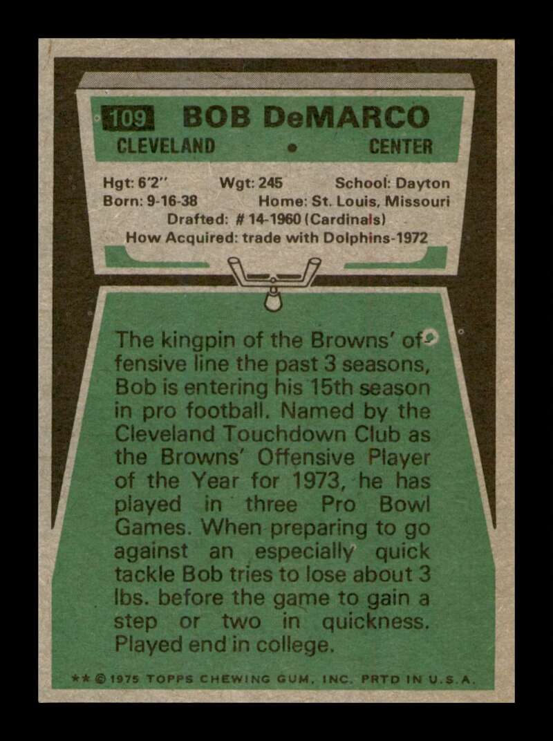 Load image into Gallery viewer, 1975 Topps Bob Demarco #109 Cleveland Browns Image 2
