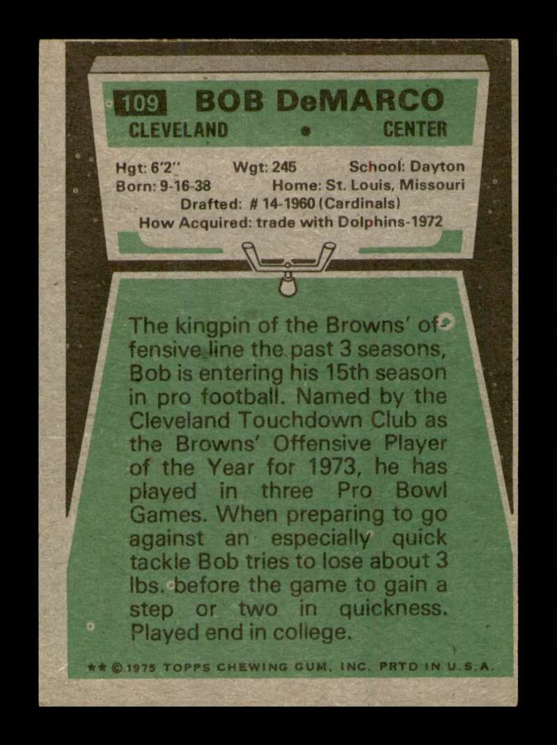 Load image into Gallery viewer, 1975 Topps Bob Demarco #109 Cleveland Browns Image 2
