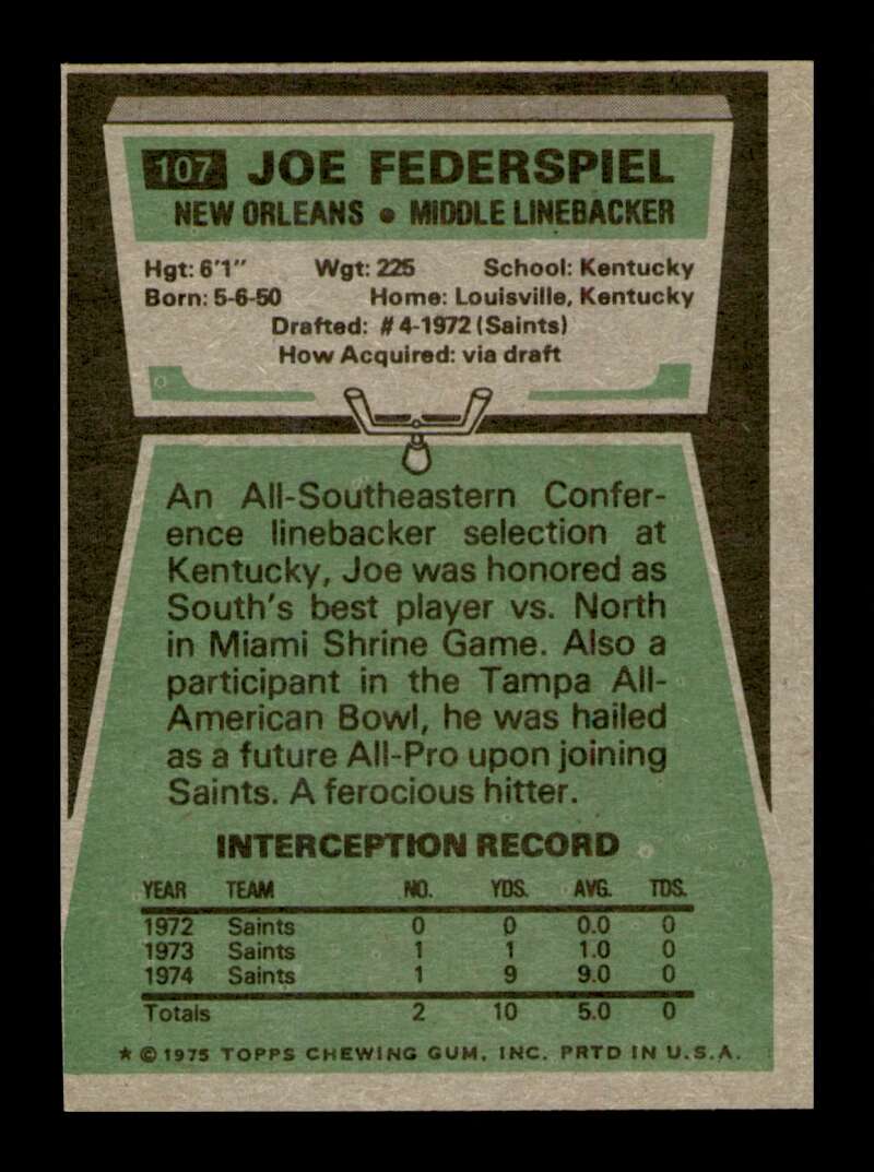 Load image into Gallery viewer, 1975 Topps Joe Federspiel #107 New Orleans Saints Image 2
