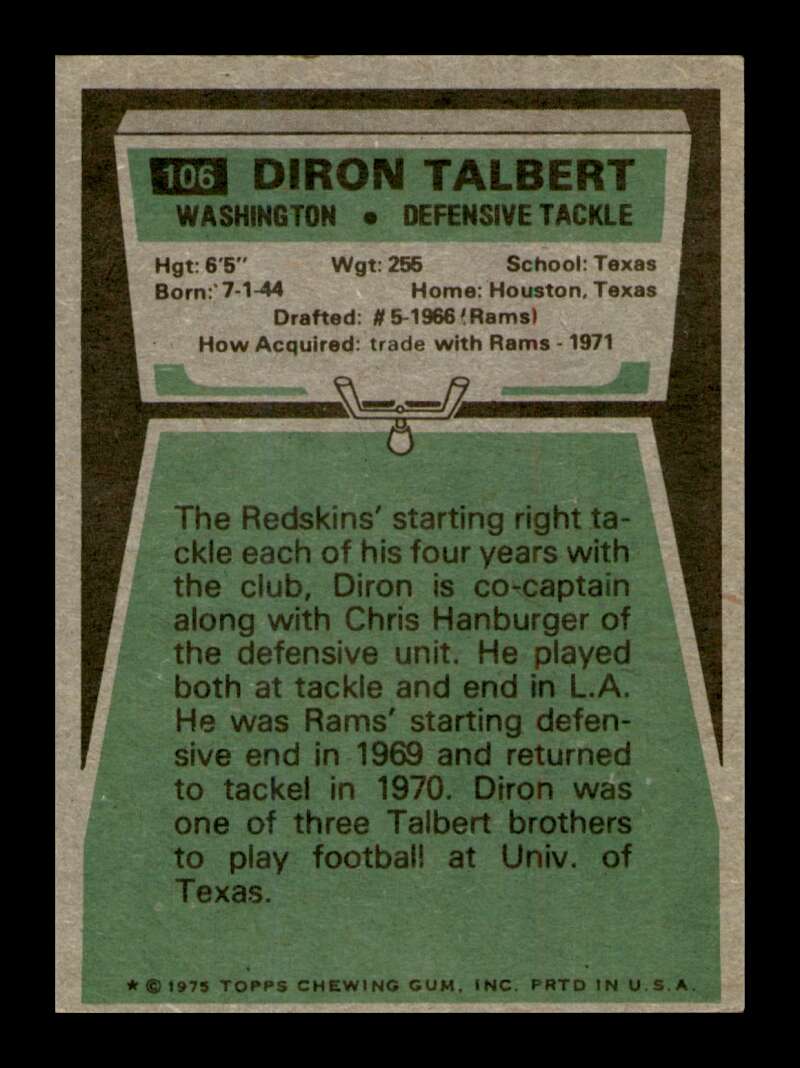 Load image into Gallery viewer, 1975 Topps Diron Talbert #106 Washington Redskins Image 2
