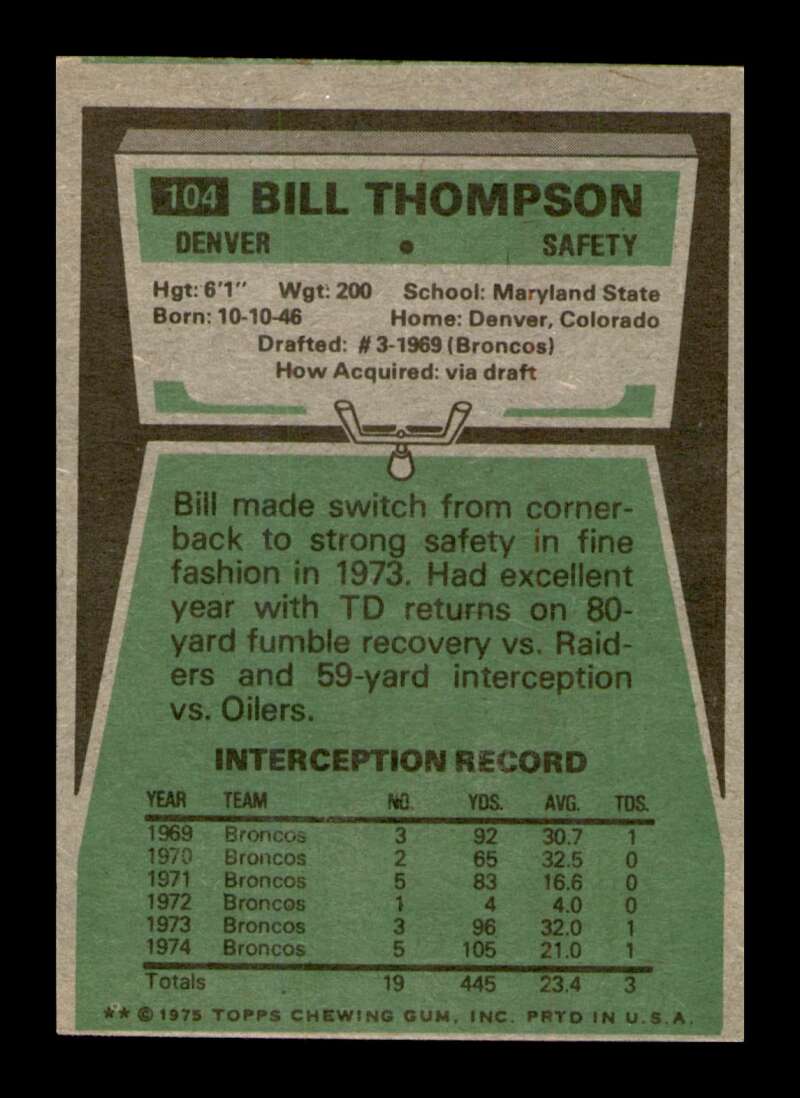 Load image into Gallery viewer, 1975 Topps Bill Thompson #104 Denver Broncos Image 2
