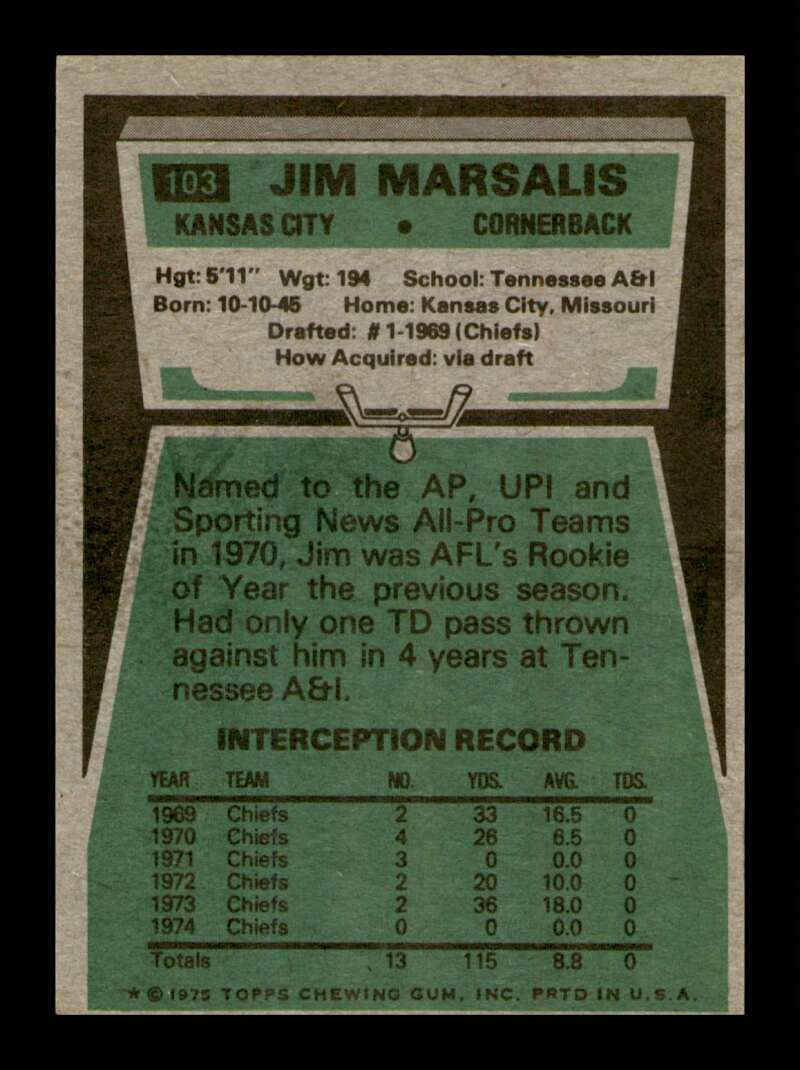 Load image into Gallery viewer, 1975 Topps Jim Marsalis #103 Kansas City Chiefs Image 2
