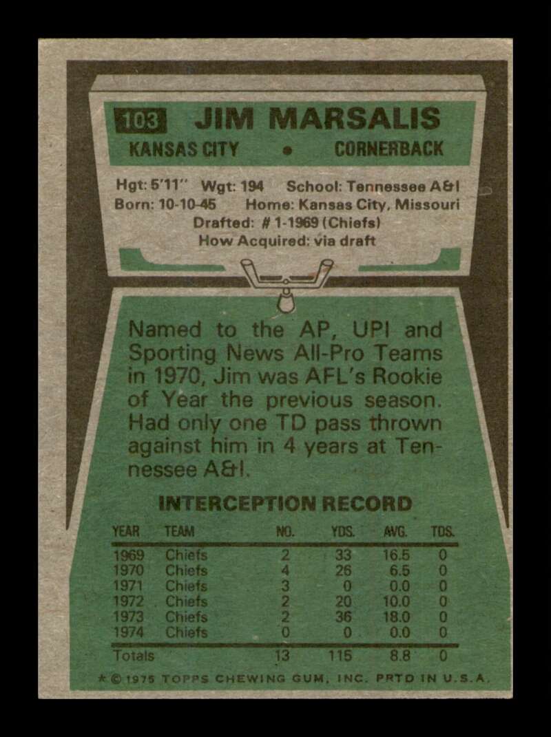 Load image into Gallery viewer, 1975 Topps Jim Marsalis #103 Kansas City Chiefs Image 2
