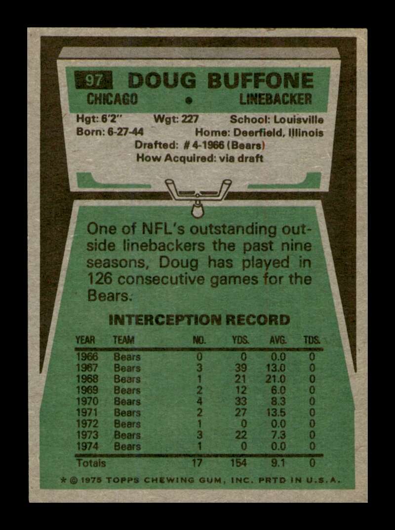 Load image into Gallery viewer, 1975 Topps Doug Buffone #97 Chicago Bears Image 2
