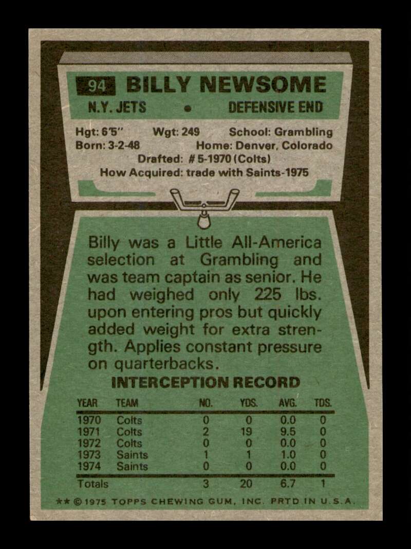 Load image into Gallery viewer, 1975 Topps Billy Newsome #94 New York Jets Image 2
