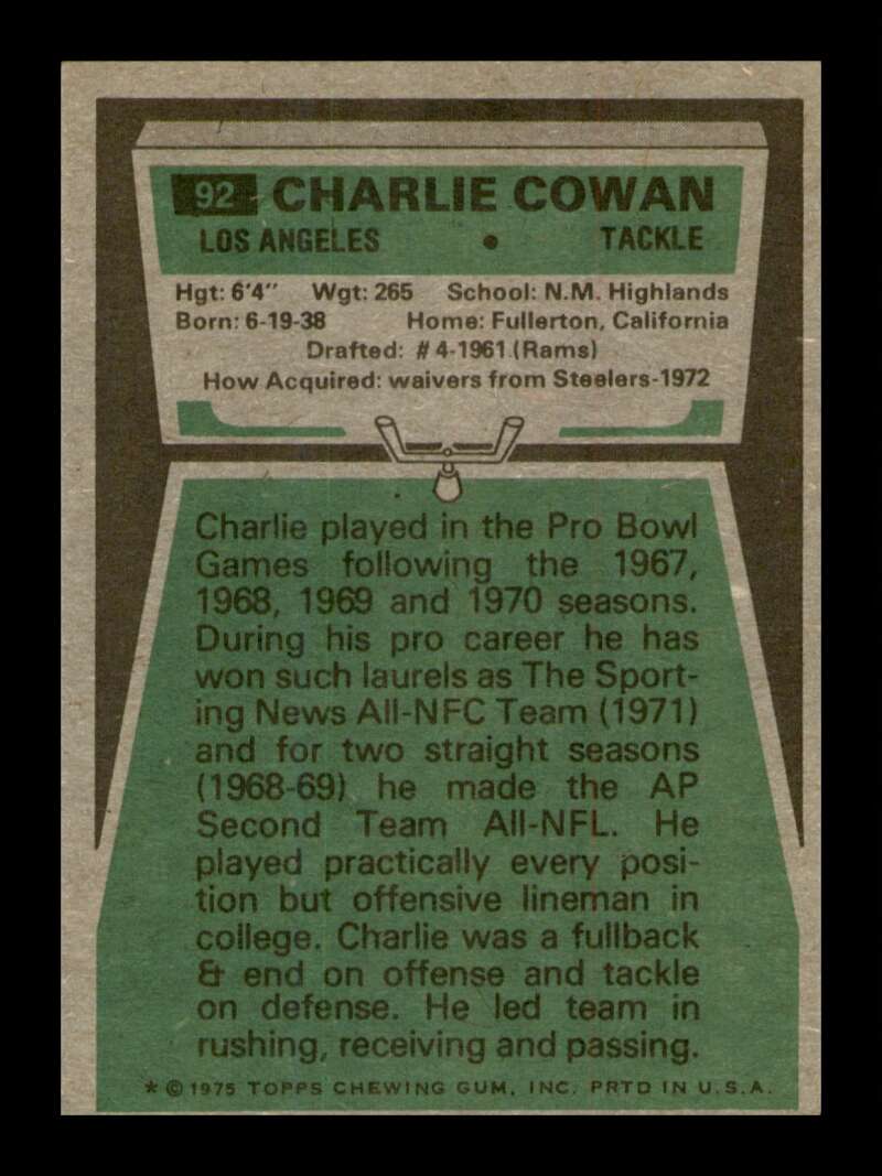 Load image into Gallery viewer, 1975 Topps Charlie Cowan #92 Los Angeles Rams Image 2
