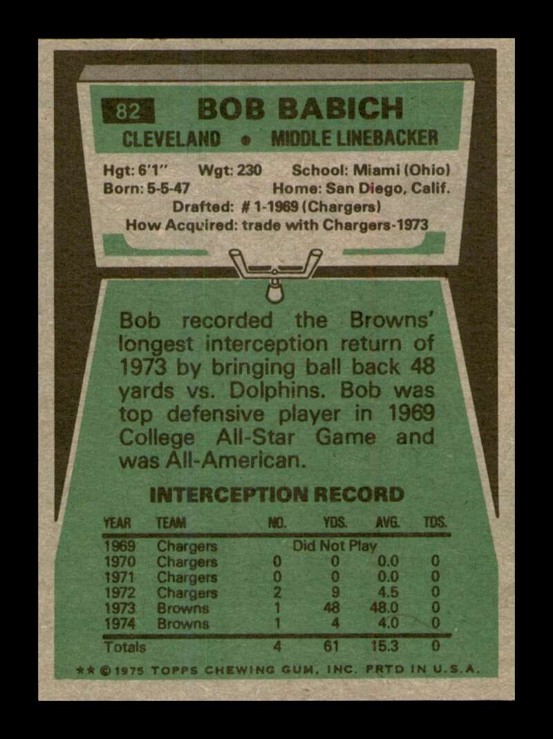 Load image into Gallery viewer, 1975 Topps Bob Babich #82 Cleveland Browns Image 2
