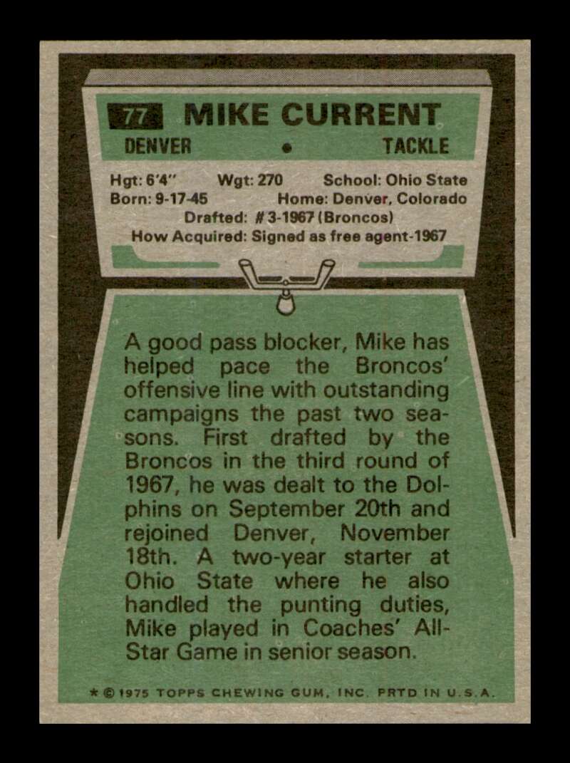 Load image into Gallery viewer, 1975 Topps Mike Current #77 Denver Broncos Image 2
