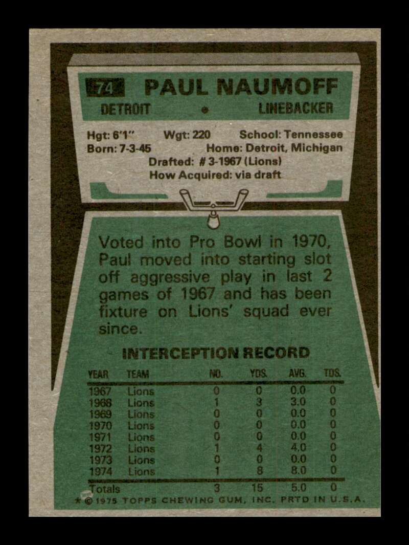 Load image into Gallery viewer, 1975 Topps Paul Naumoff #74 Detroit Lions Image 2
