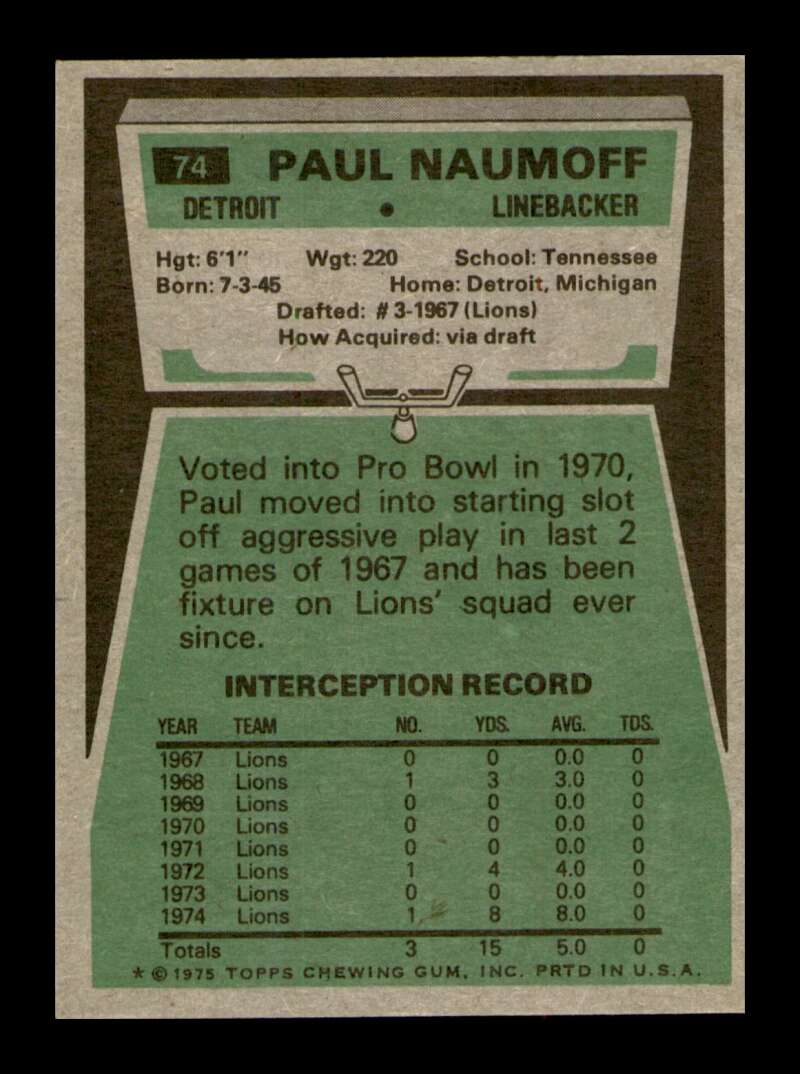 Load image into Gallery viewer, 1975 Topps Paul Naumoff #74 Detroit Lions Image 2
