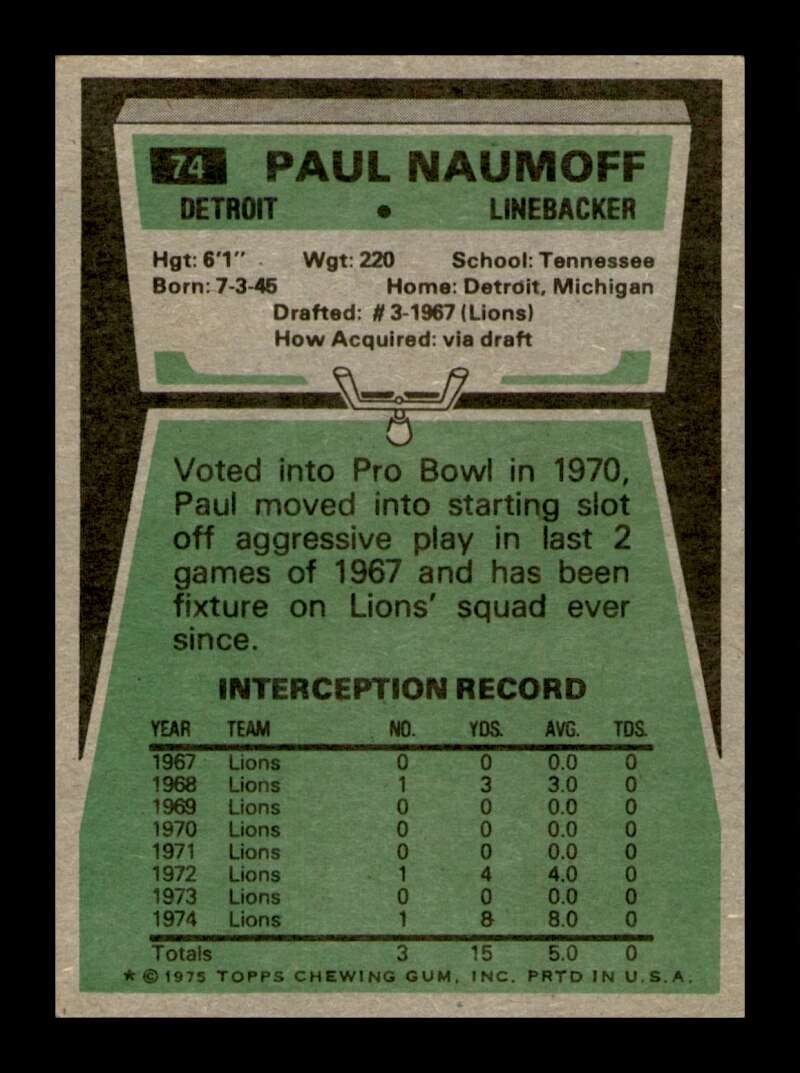 Load image into Gallery viewer, 1975 Topps Paul Naumoff #74 Detroit Lions Image 2
