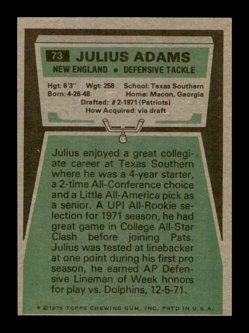 Load image into Gallery viewer, 1975 Topps Julius Adams #73 New England Patriots Image 2
