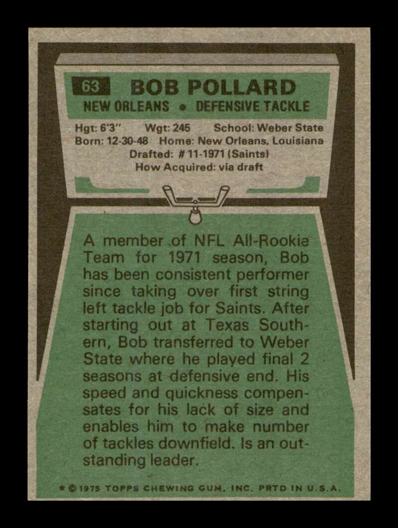 Load image into Gallery viewer, 1975 Topps Bob Pollard #63 New Orleans Saints Image 2
