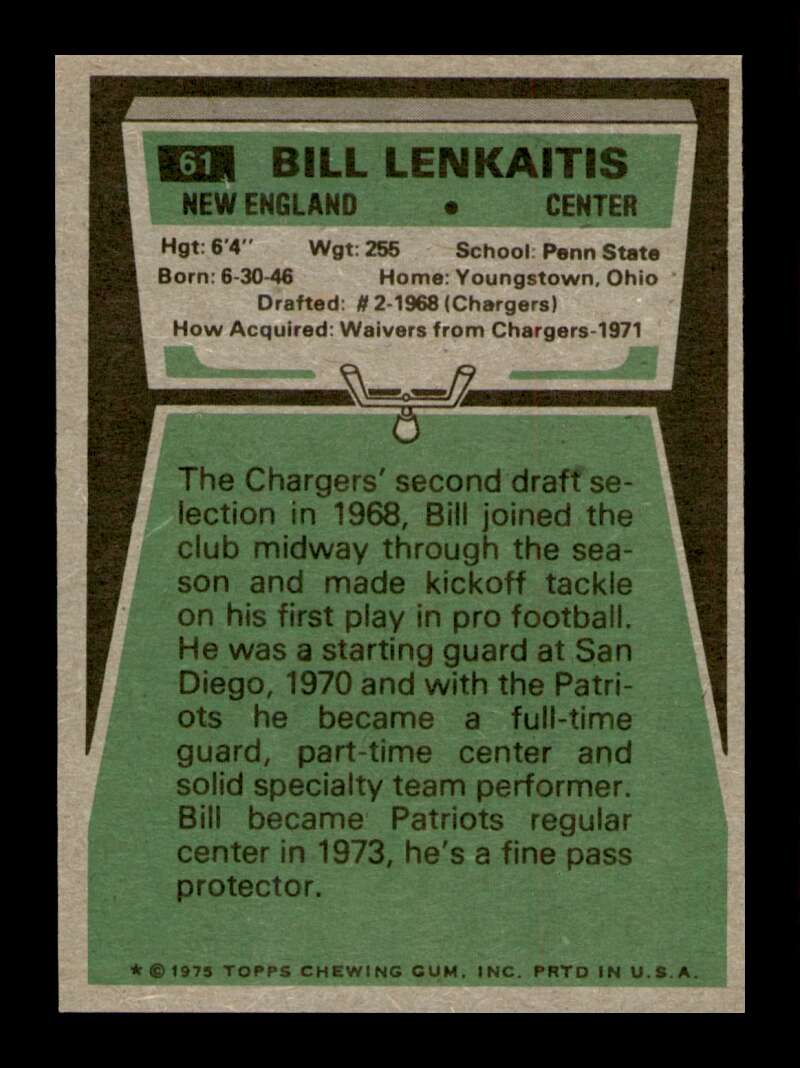 Load image into Gallery viewer, 1975 Topps Bill Lenkaitis #61 New England Patriots Image 2
