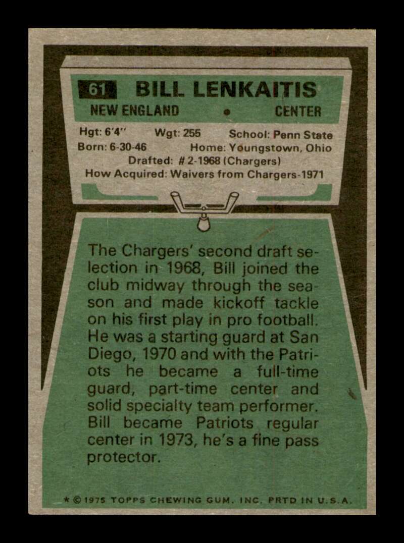 Load image into Gallery viewer, 1975 Topps Bill Lenkaitis #61 New England Patriots Image 2
