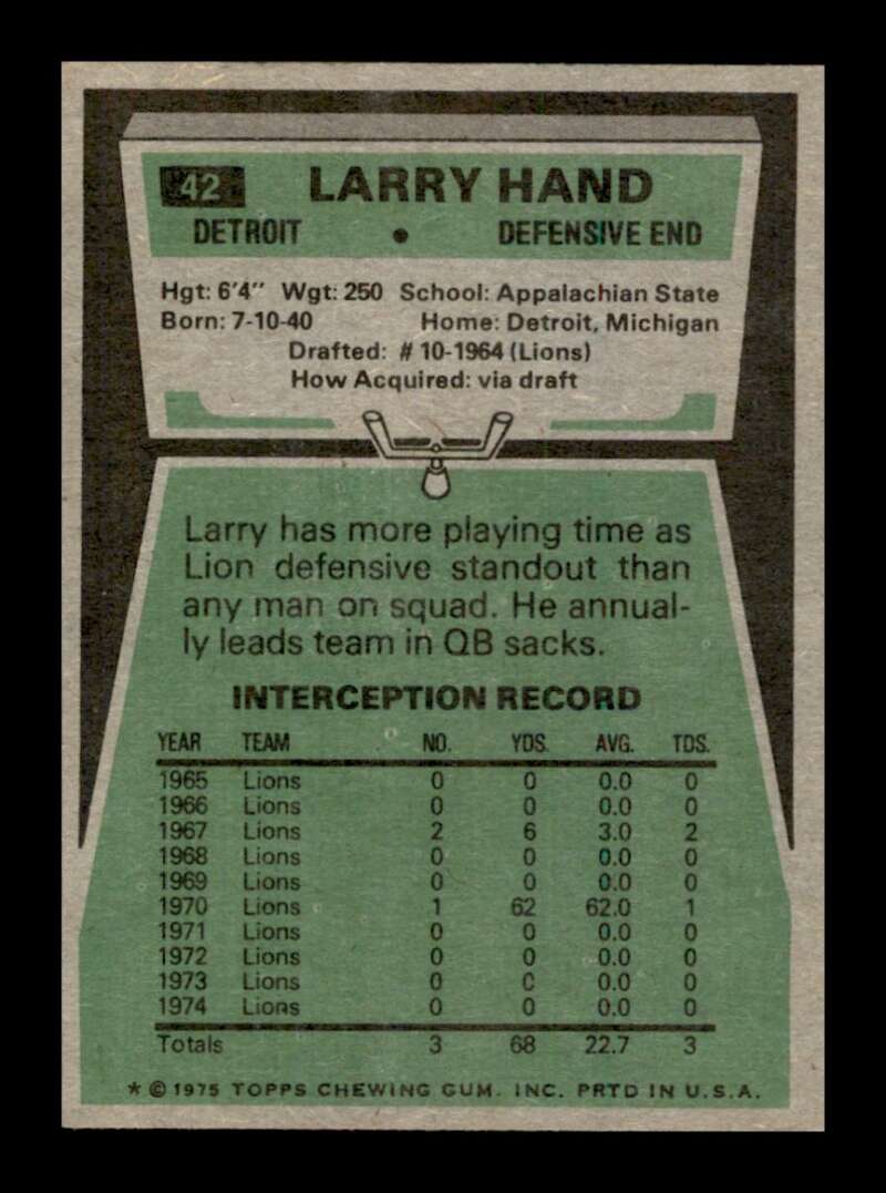 Load image into Gallery viewer, 1975 Topps Larry Hand #42 Detroit Lions Image 2
