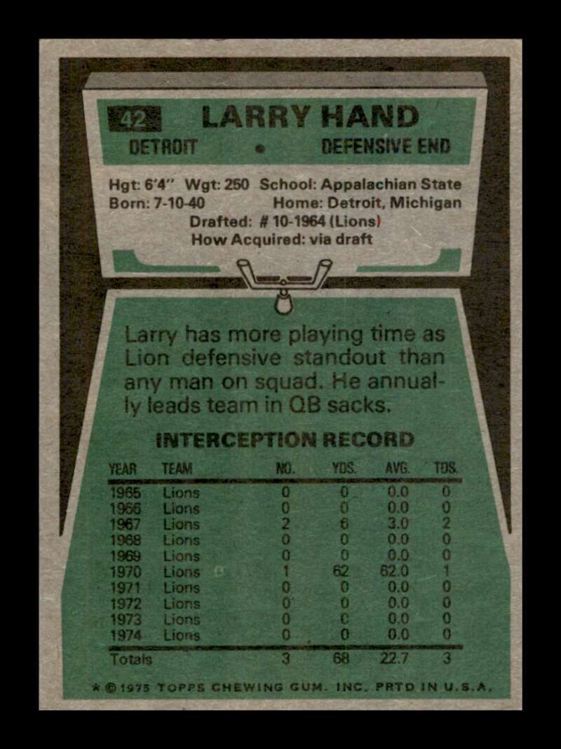 Load image into Gallery viewer, 1975 Topps Larry Hand #42 Detroit Lions Image 2
