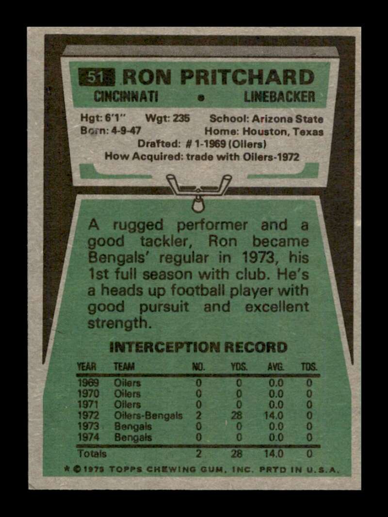 Load image into Gallery viewer, 1975 Topps Ron Pritchard #51 Rookie RC Cincinnati Bengals Image 2
