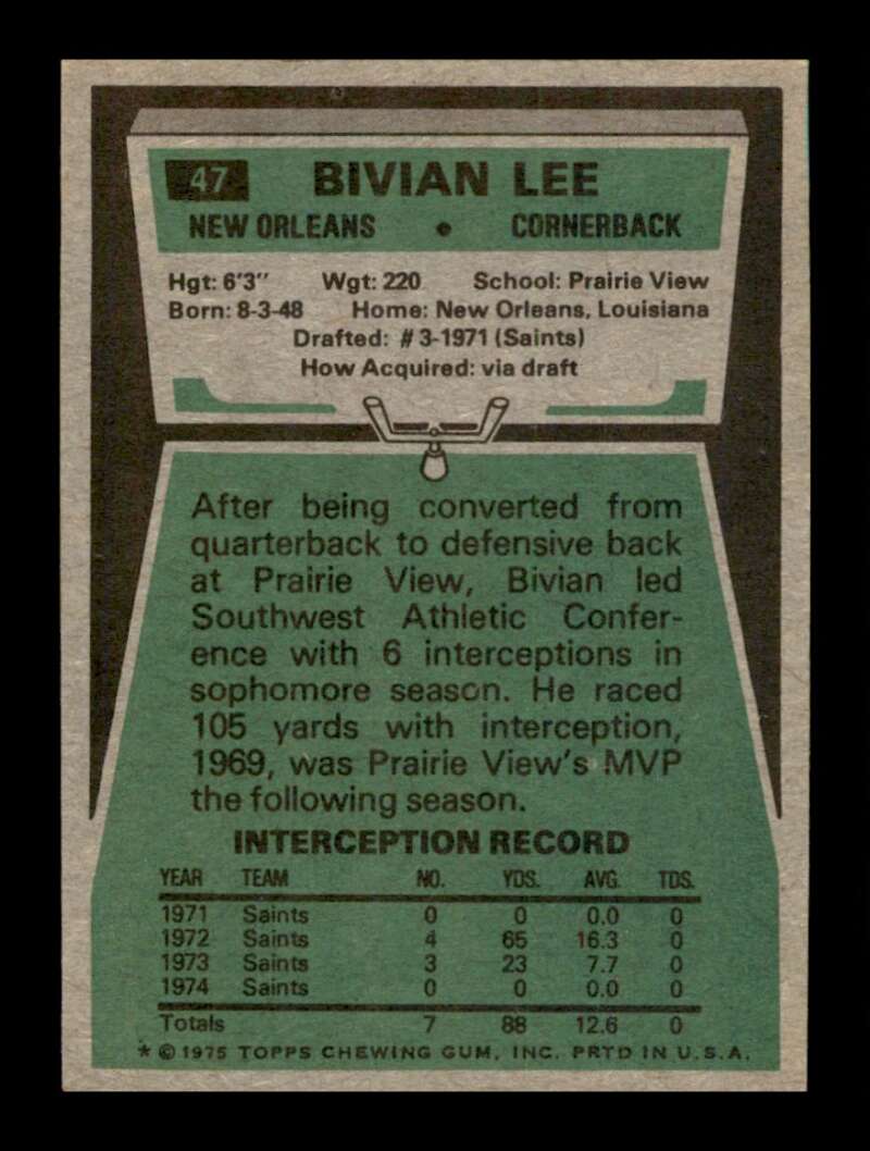 Load image into Gallery viewer, 1975 Topps Bivian Lee #47 New Orleans Saints Image 2
