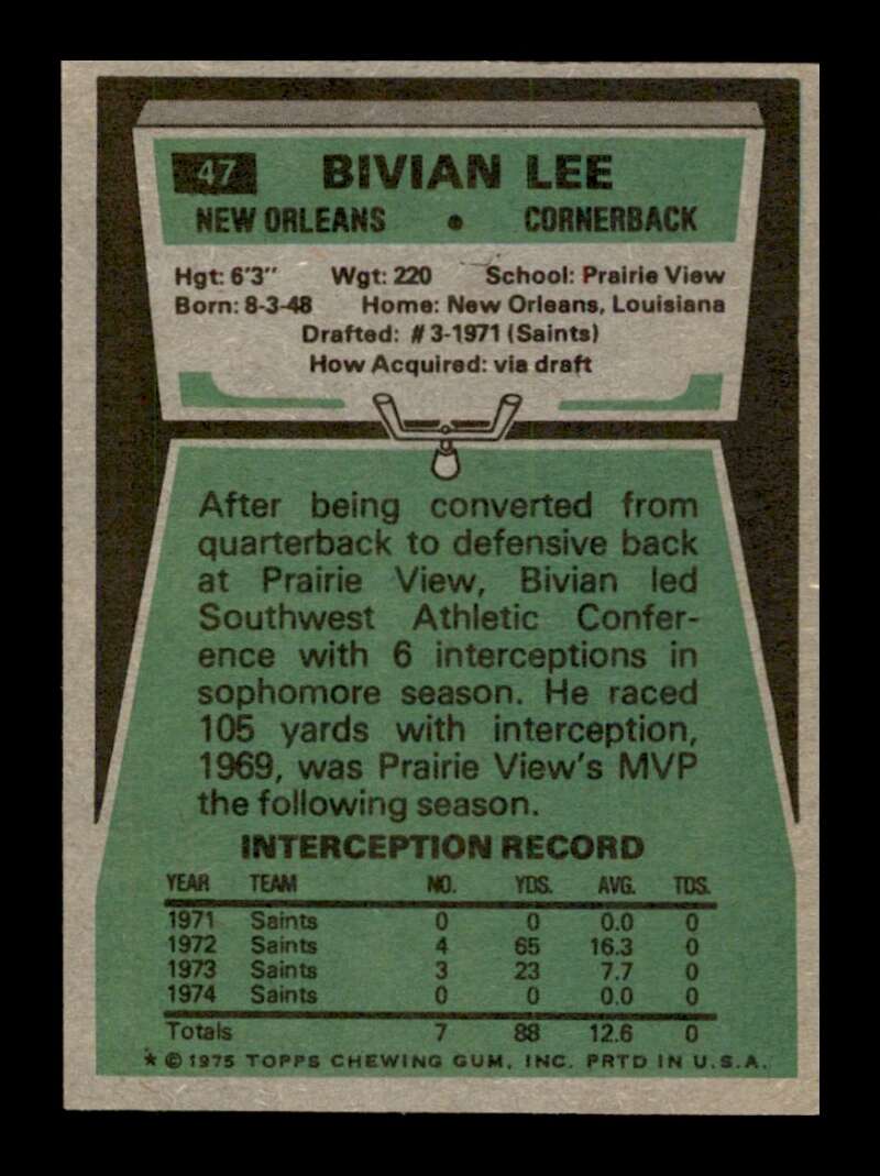 Load image into Gallery viewer, 1975 Topps Bivian Lee #47 New Orleans Saints Image 2
