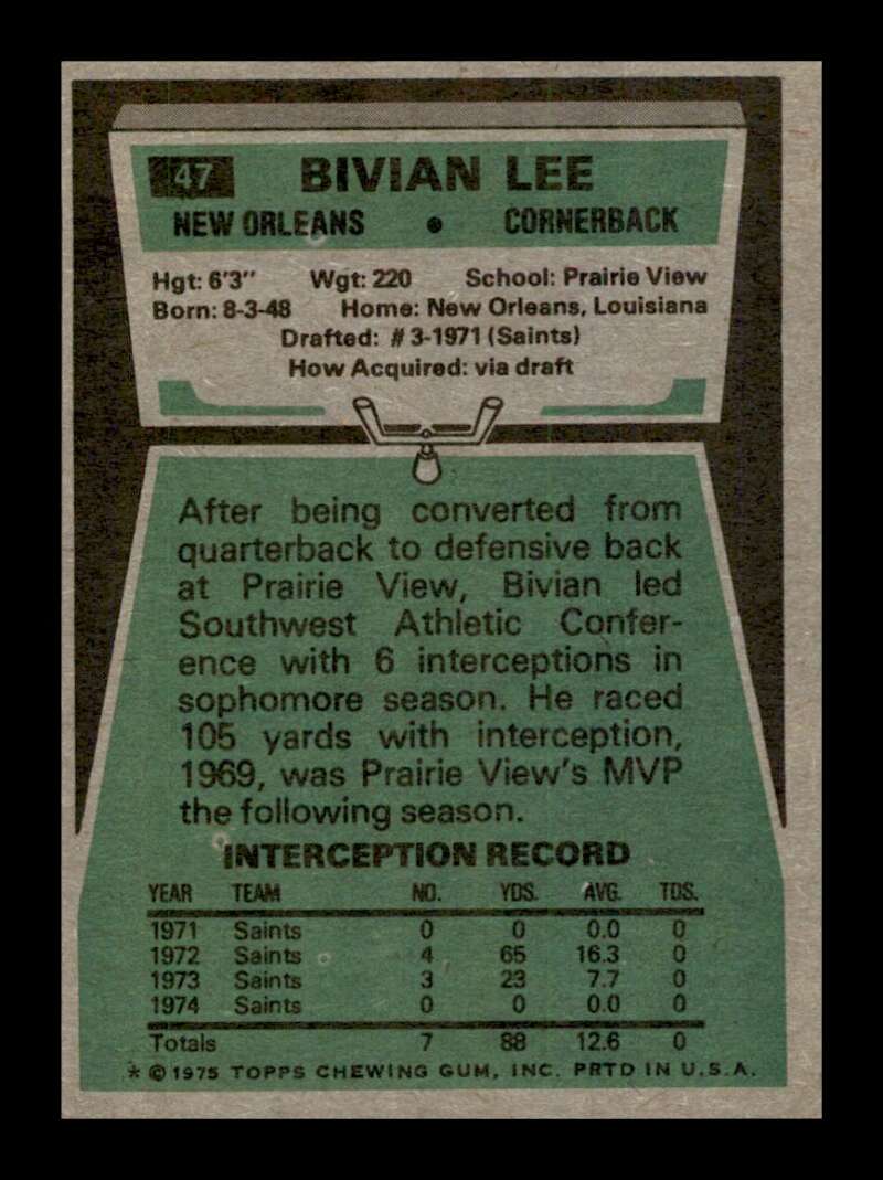 Load image into Gallery viewer, 1975 Topps Bivian Lee #47 New Orleans Saints Image 2
