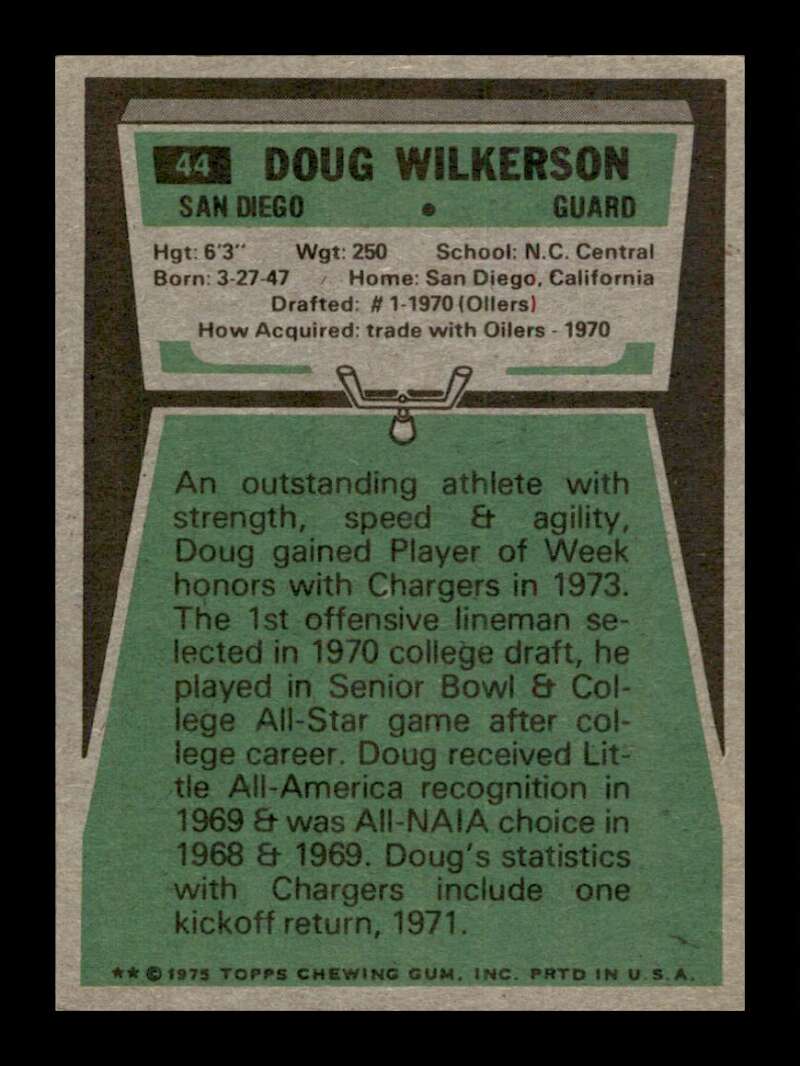 Load image into Gallery viewer, 1975 Topps Doug Wilkerson #44 Rookie RC San Diego Chargers Image 2
