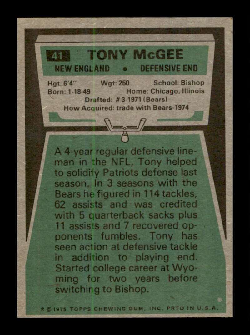 Load image into Gallery viewer, 1975 Topps Tony McGee #41 New England Patriots Image 2
