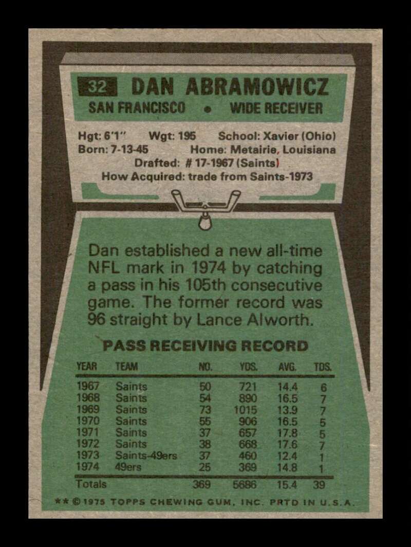 Load image into Gallery viewer, 1975 Topps Dan Abramowicz #32 San Francisco 49ers Image 2
