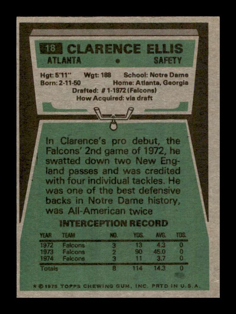 Load image into Gallery viewer, 1975 Topps Clarence Ellis #18 Atlanta Falcons Image 2
