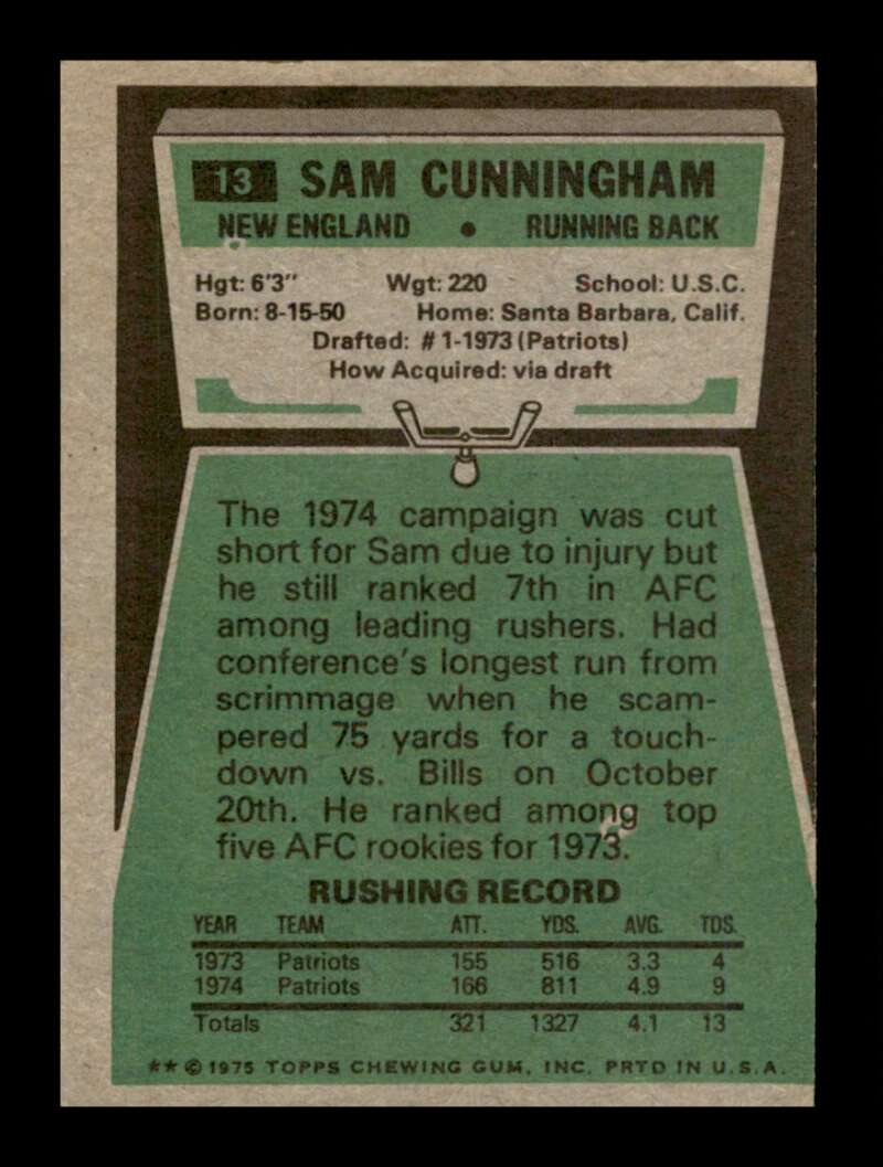 Load image into Gallery viewer, 1975 Topps Sam Cunningham #13 New England Patriots Image 2
