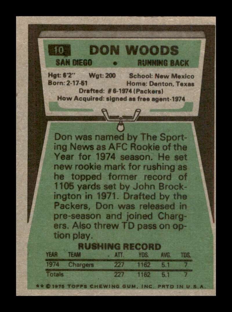 Load image into Gallery viewer, 1975 Topps Don Woods #10 Rookie RC San Diego Chargers Image 2
