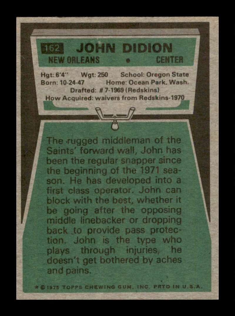 Load image into Gallery viewer, 1975 Topps John Didion #162 New Orleans Saints Image 2
