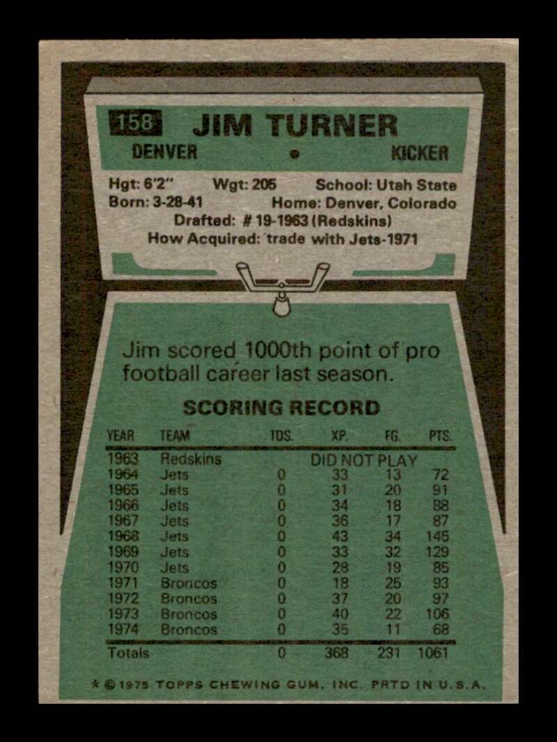 Load image into Gallery viewer, 1975 Topps Jim Turner #158 Denver Broncos Image 2
