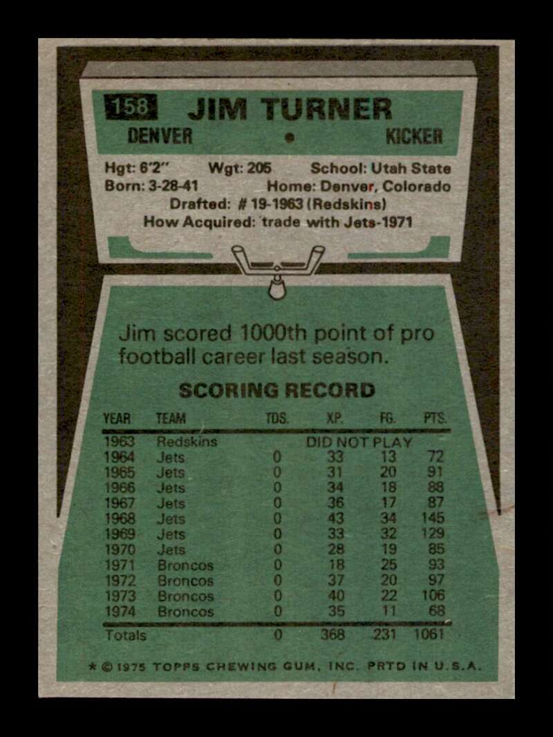 Load image into Gallery viewer, 1975 Topps Jim Turner #158 Denver Broncos Image 2
